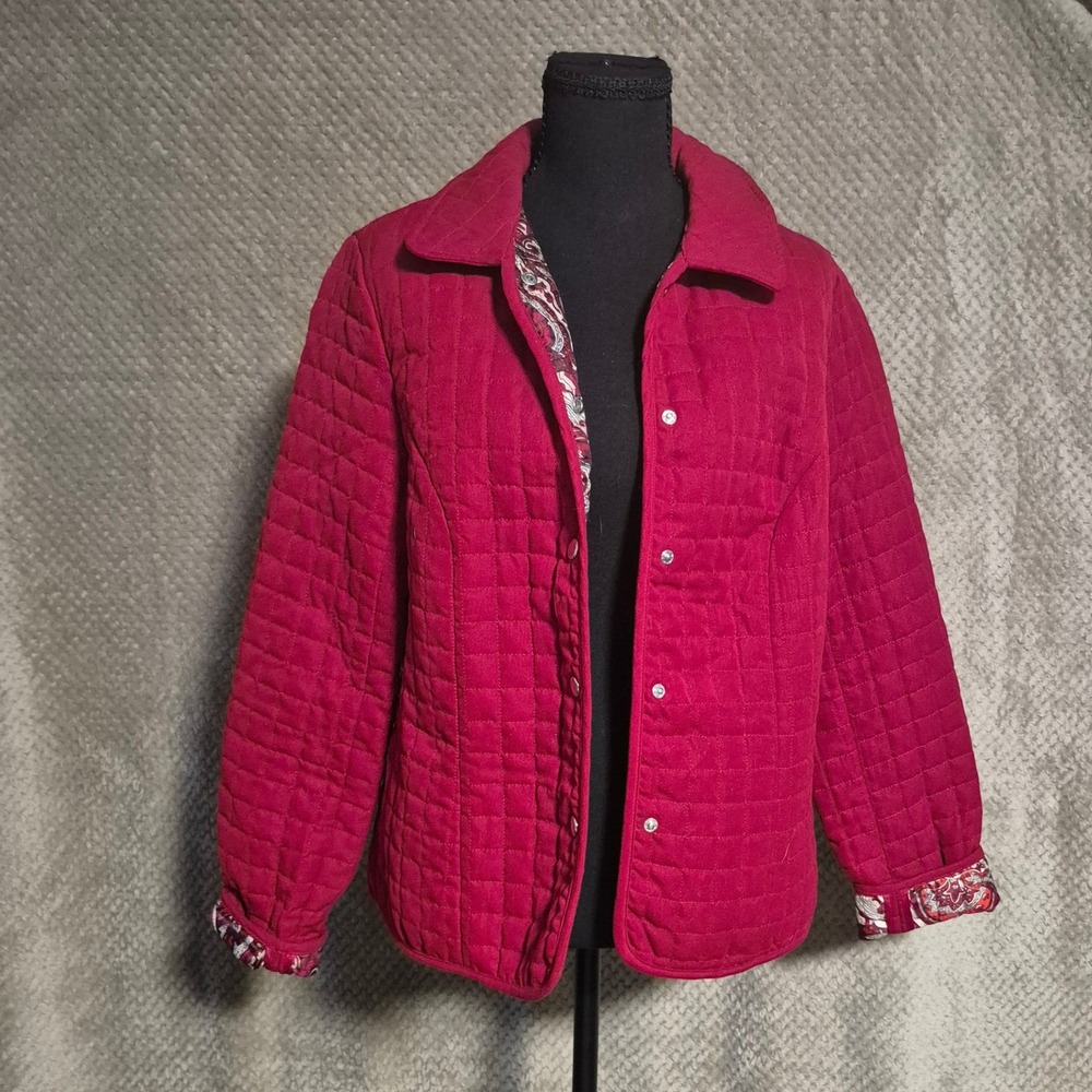 Briggs New York Women Red Quilted Paisley Lined Button Front Jacket Size 10